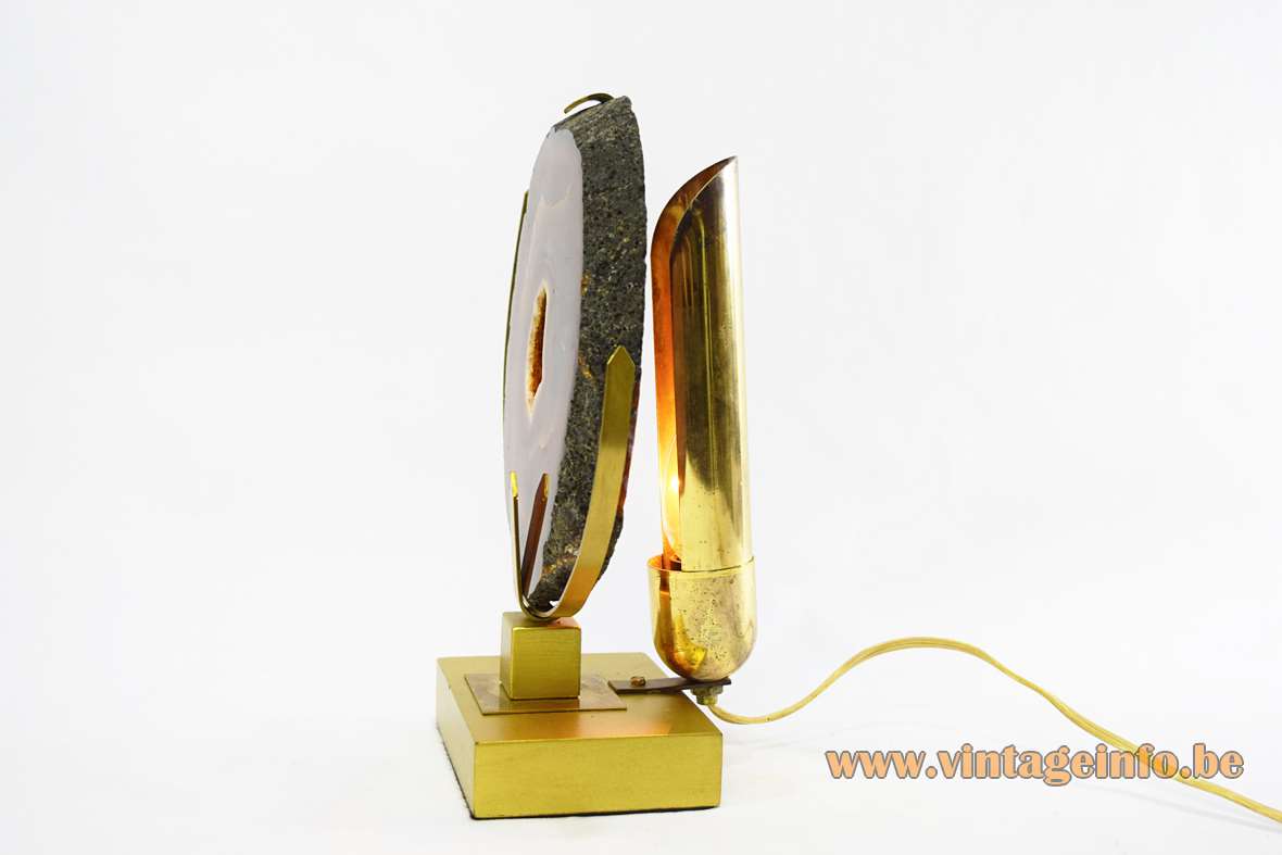 1970s agate table lamp gold painted wood base brass parts big brown-yellow geode slice E14 socket