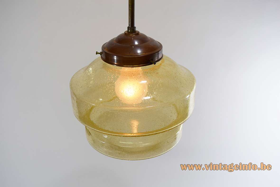 Amber bubble glass art deco pendant lamp copper rod yellow lampshade 1920s 1930s E27 socket Bauhaus