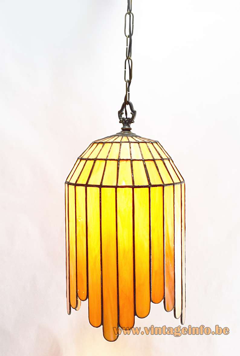 Art deco stained glass pendant lamp cut orange tongues flamed glass lampshade 1960s 1970s Massive Belgium