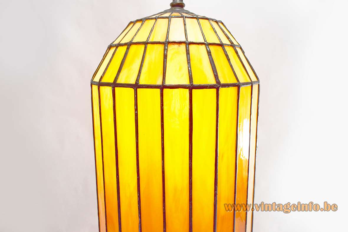 Art deco stained glass pendant lamp cut orange tongues flamed glass lampshade 1960s 1970s Massive Belgium
