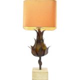 Brass artichoke table lamp with a square sandstone base and hammered brass leaves B22 socket France