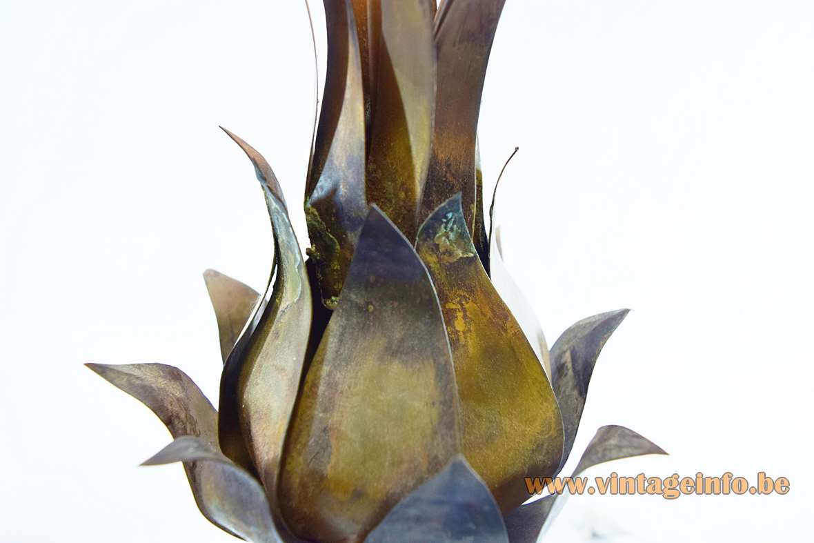 Brass artichoke table lamp with a square sandstone base and hammered brass leaves B22 socket France