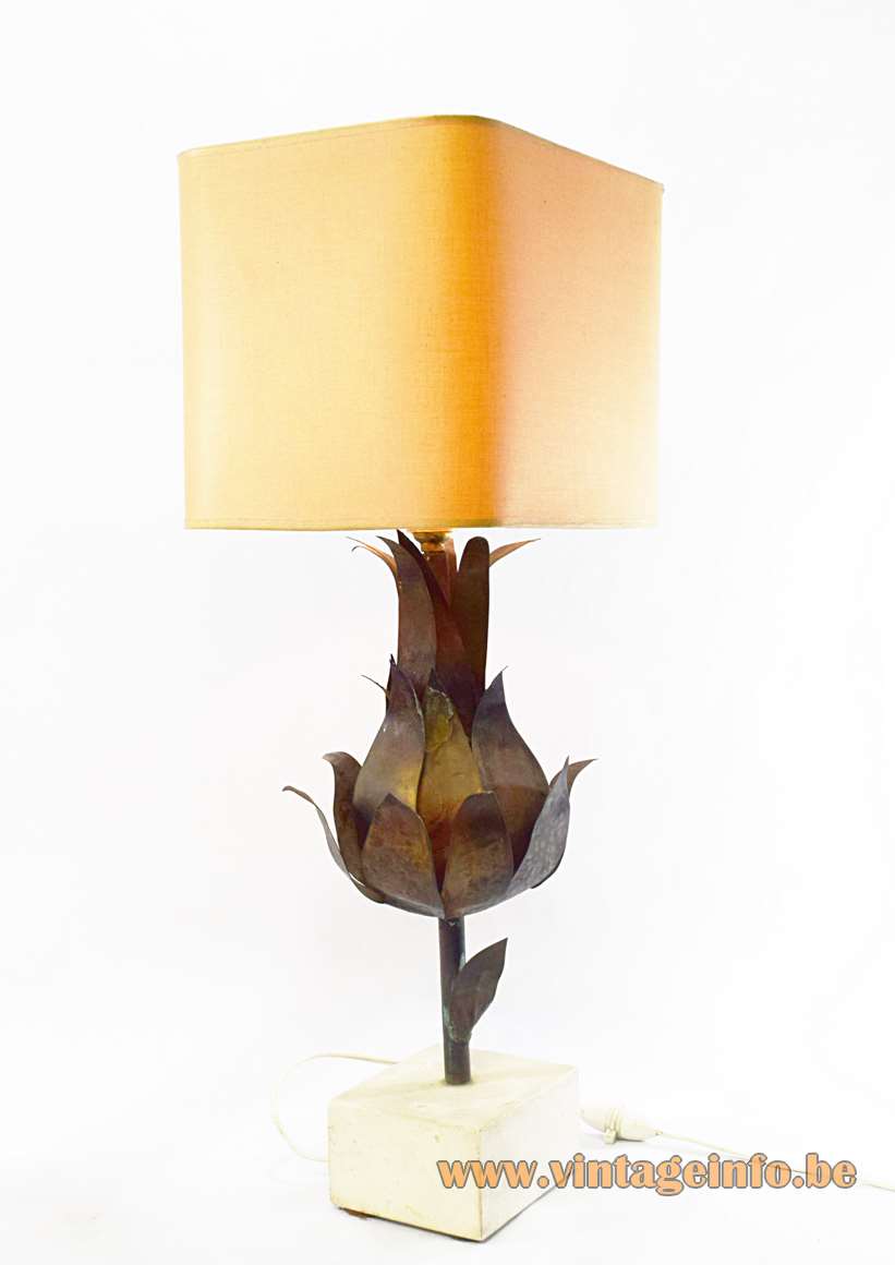 Brass artichoke table lamp with a square sandstone base and hammered brass leaves B22 socket France