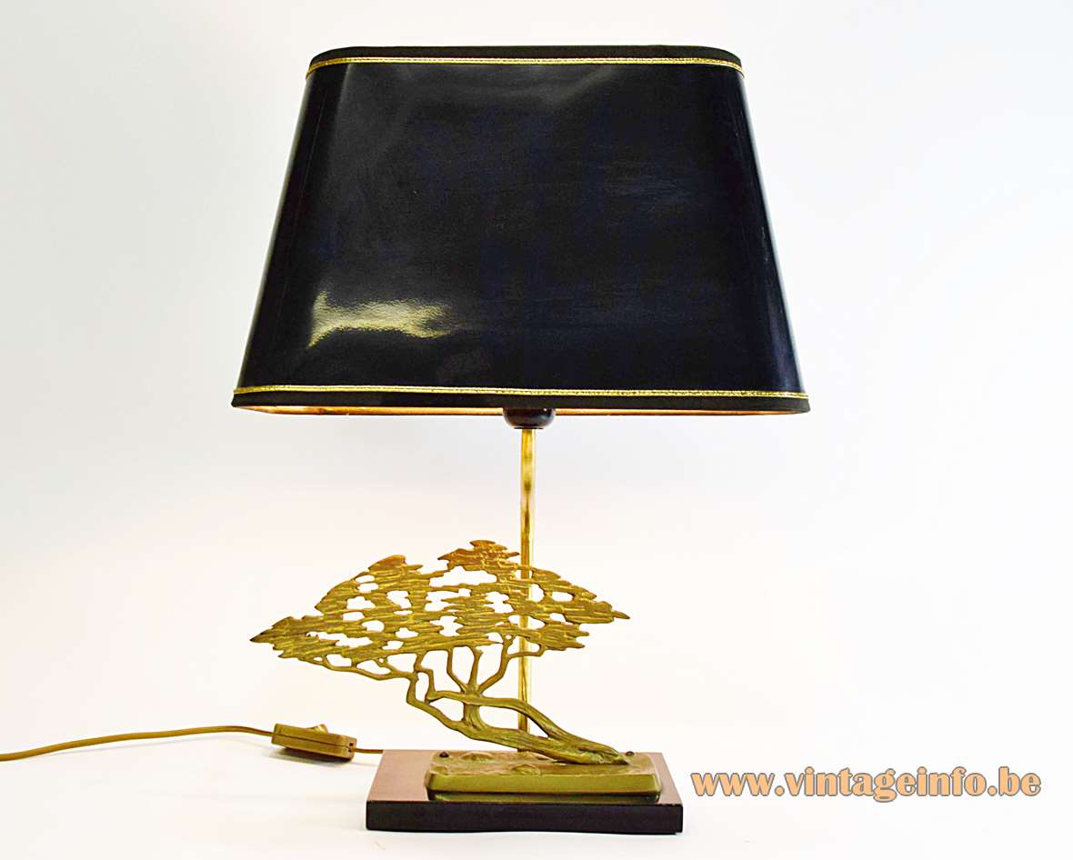 Bronze bonsai table lamp black wood base brass tree black conical lampshade 1970s 1980s Massive Belgium