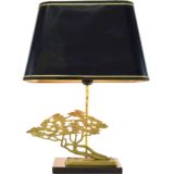Bronze bonsai table lamp black wood base brass tree black conical lampshade 1970s 1980s Massive Belgium