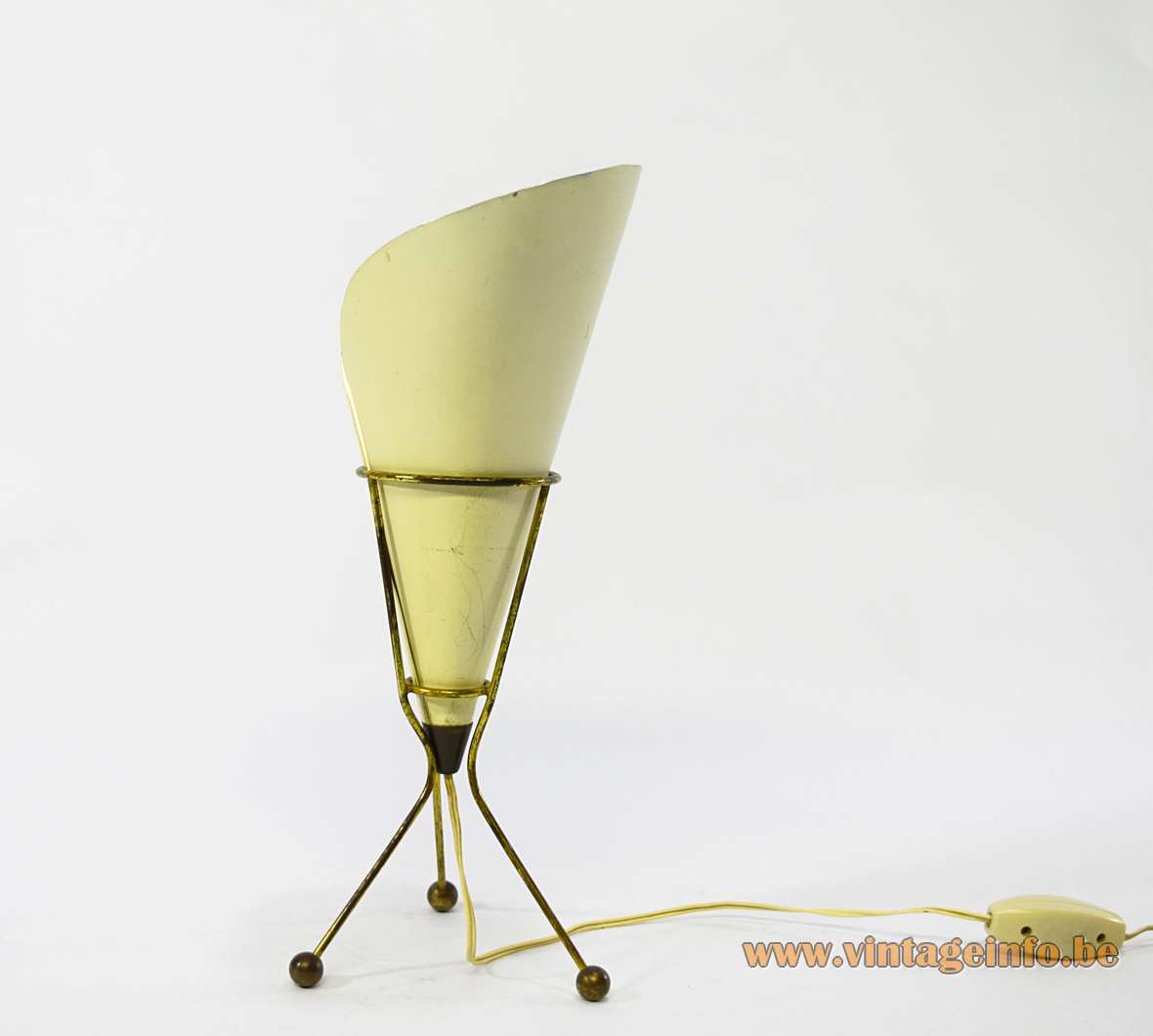 Calla table lamp with a tripod base and a pale yellow conical lily flower lampshade 1950s 1960s