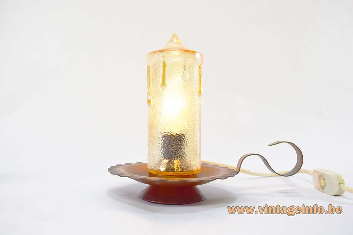 Copper candle bedside table lamp dripping faux yellowish glass candlestick metal dish & handle 1970s E14 socket