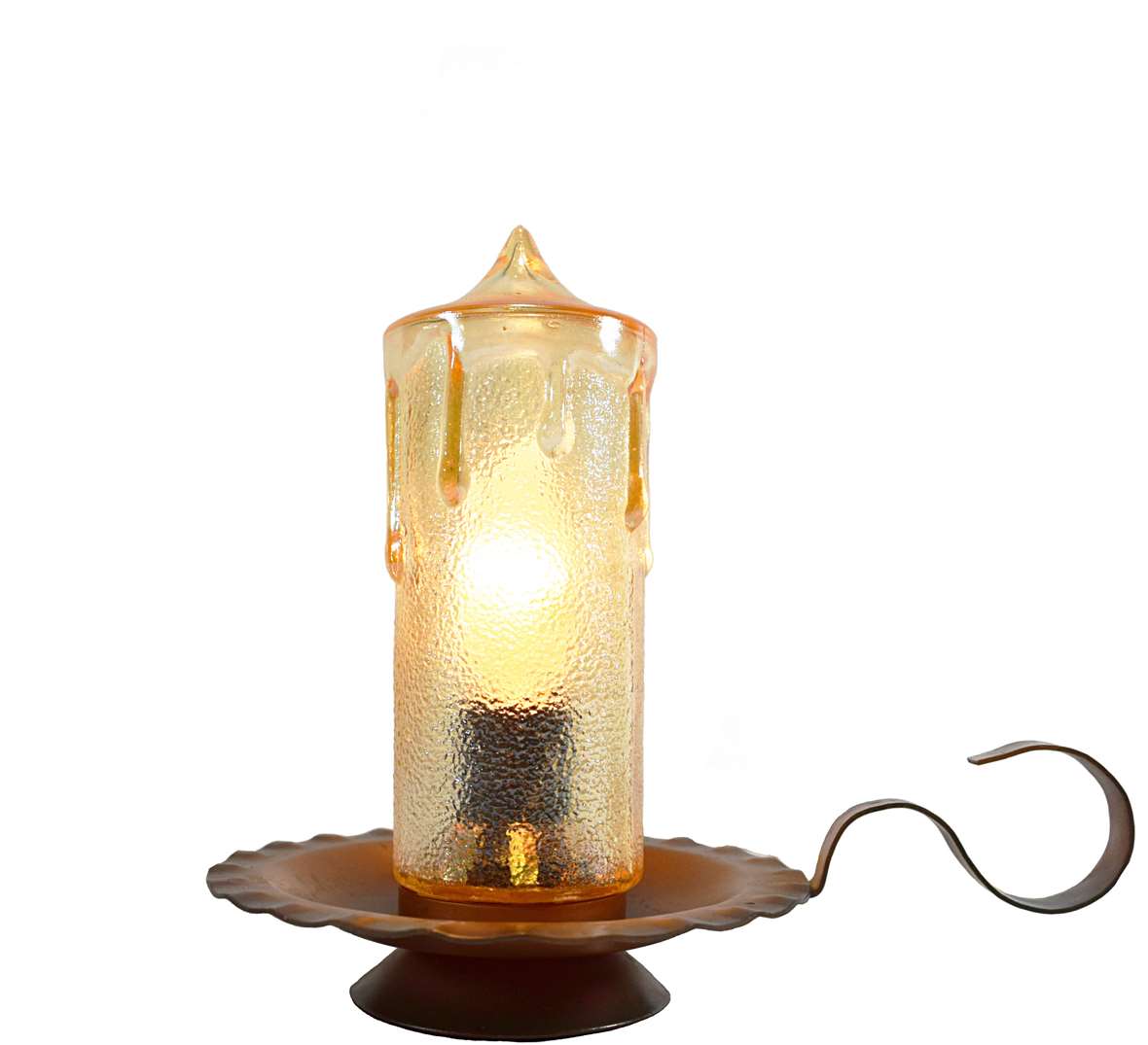 Copper candle bedside table lamp dripping faux yellowish glass candlestick metal dish & handle 1970s E14 socket