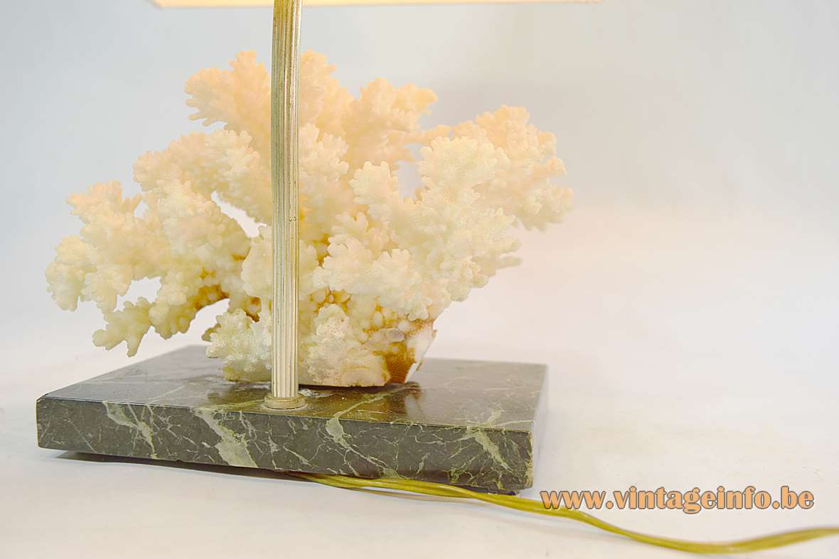 Cauliflower coral table lamp with a green marble base metal rod conical lampshade 1970s E27 socket