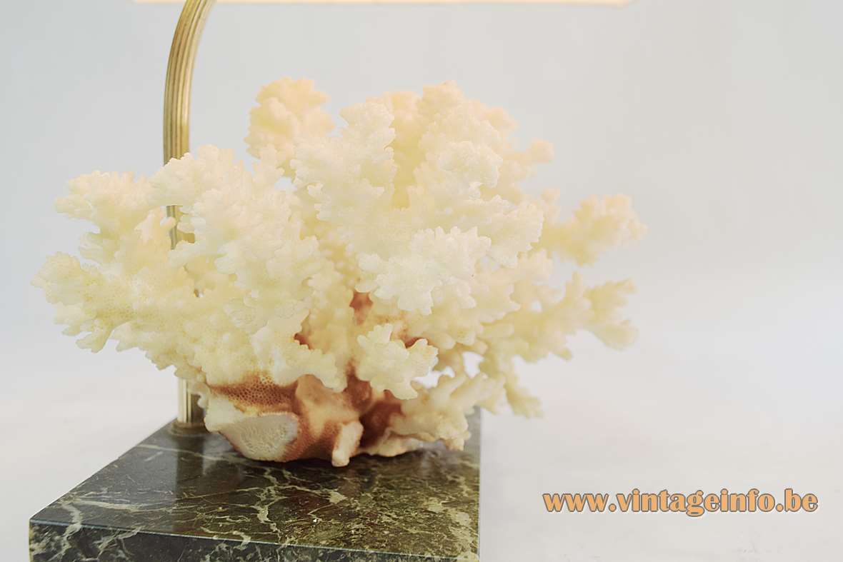 Cauliflower coral table lamp with a green marble base metal rod conical lampshade 1970s E27 socket