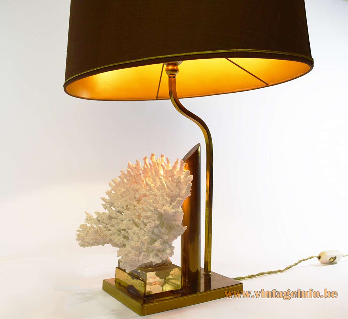 1970s cauliflower coral table lamp brass & polyester base curved rod oval fabric lampshade 2 light bulbs