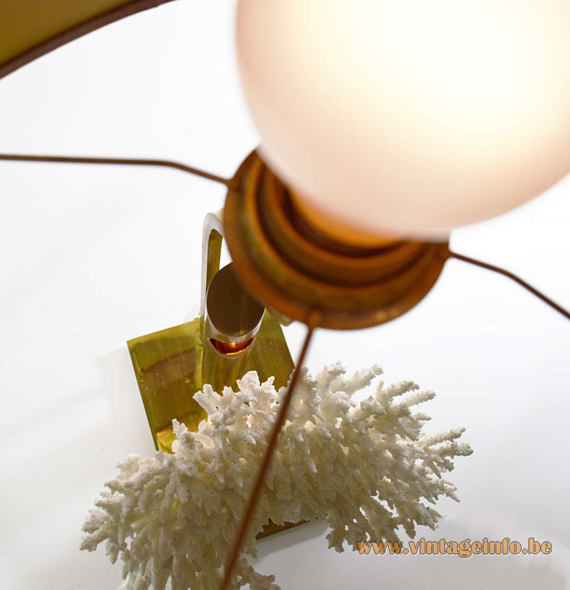 1970s cauliflower coral table lamp brass & polyester base curved rod oval fabric lampshade 2 light bulbs