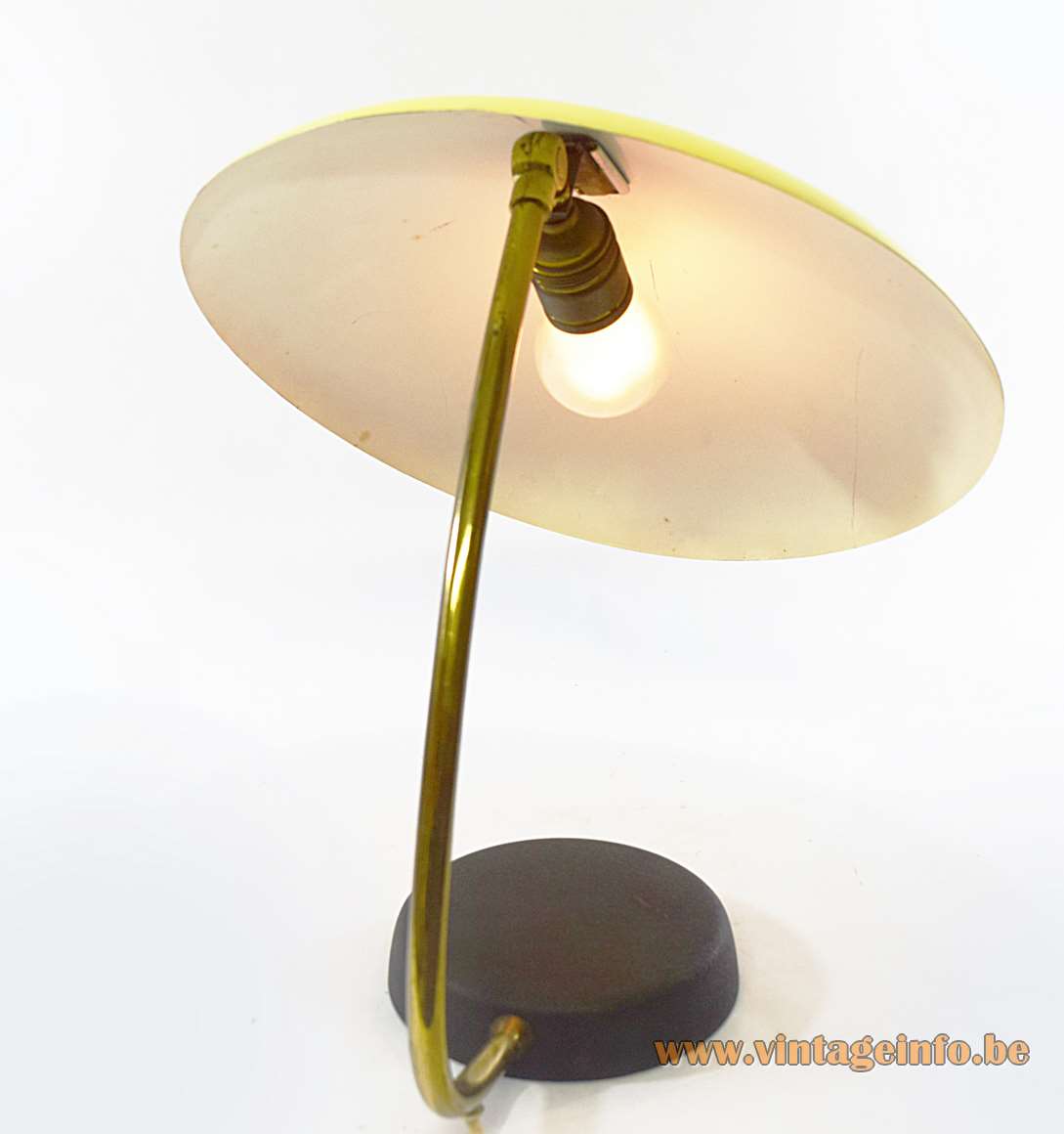 1950s Cosack desk lamp black wrinkle painted cast iron base brass rod yellow mushroom lampshade 1960s