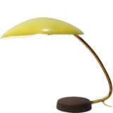1950s Cosack desk lamp black wrinkle painted cast iron base brass rod yellow mushroom lampshade 1960s