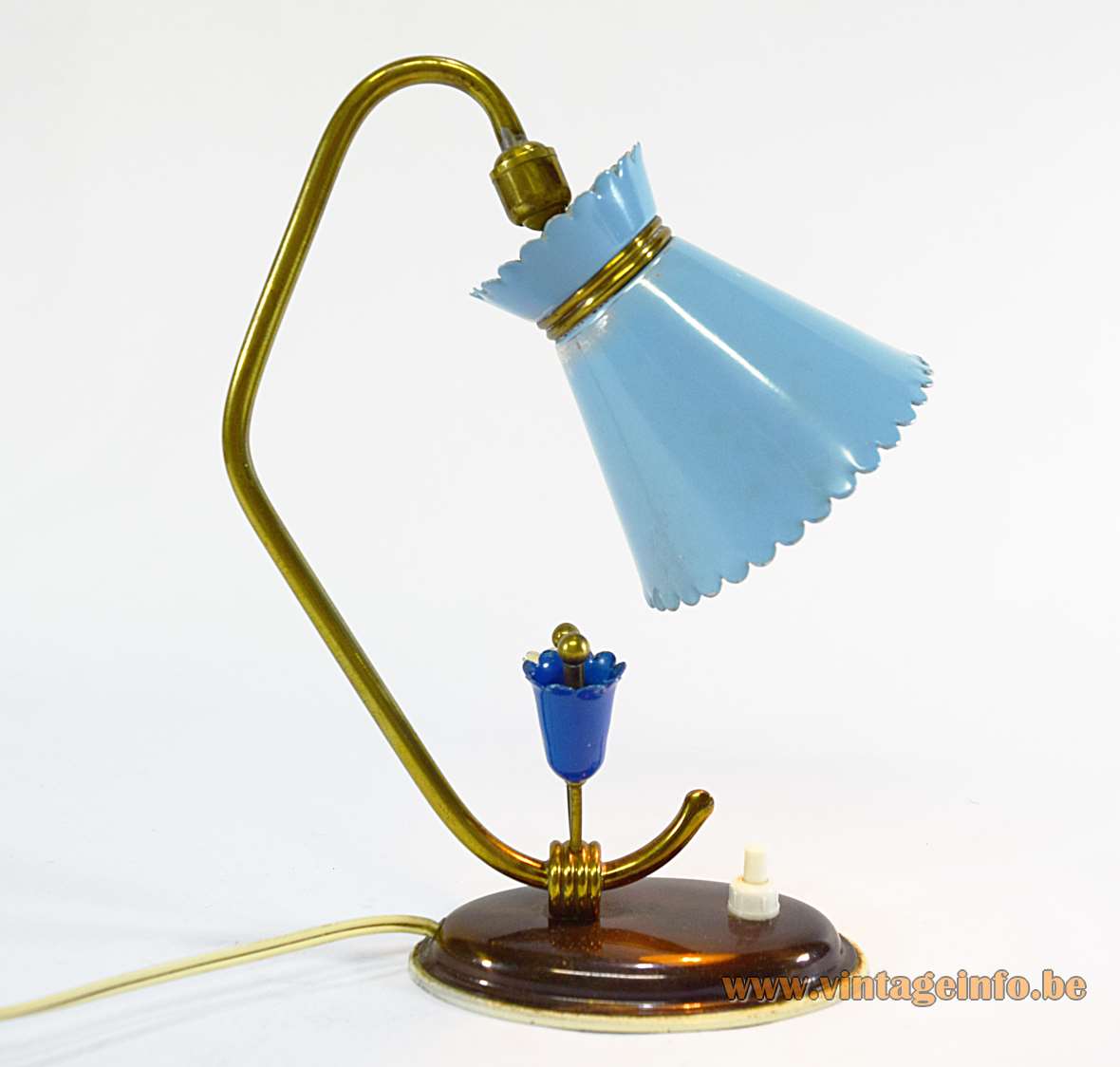 Diabolo bedside table lamp oval flowers base curved folded brass rod blue conical lampshade 1950s 1960s