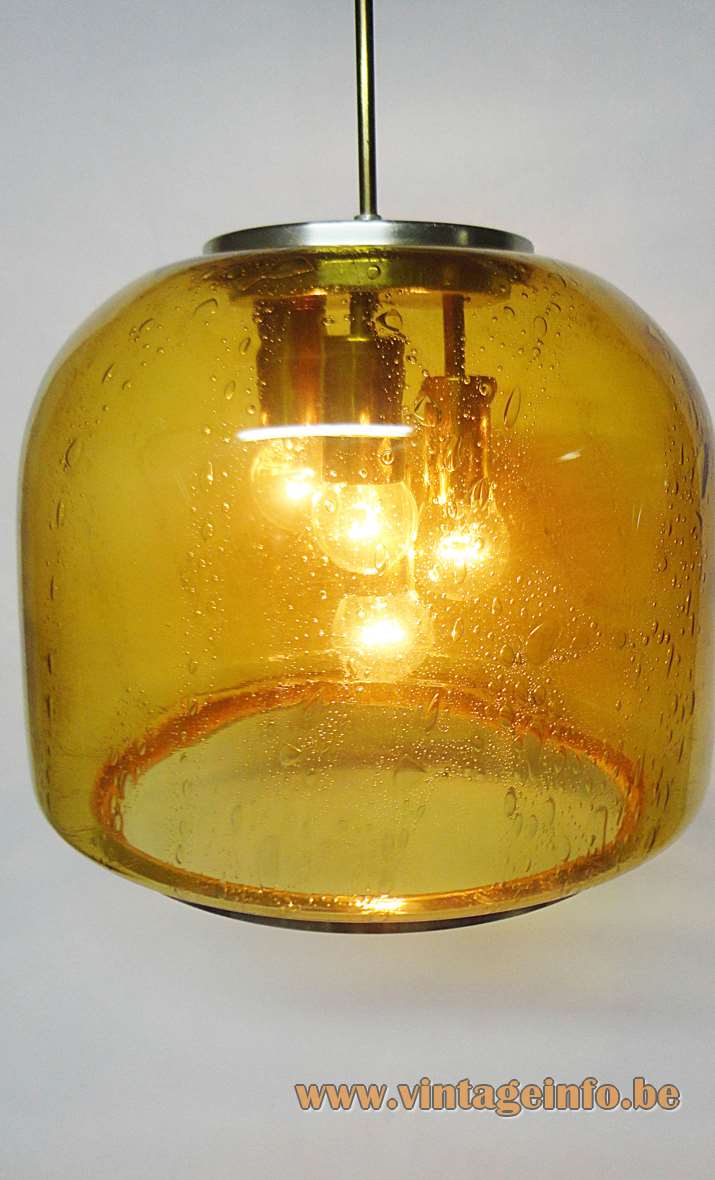 DORIA amber glass pendant lamp yellow bubble glass bell form lampshade chrome ring rod 1970s Germany
