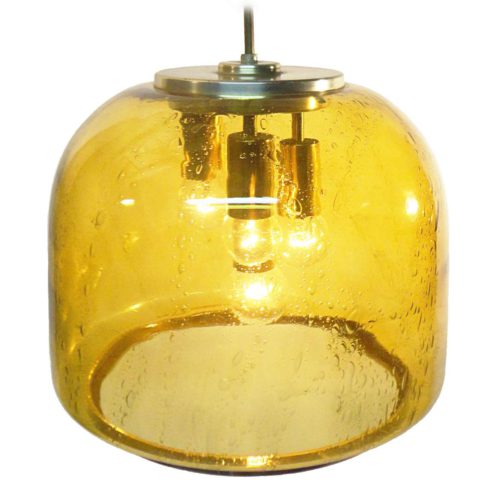 DORIA amber glass pendant lamp yellow bubble glass bell form lampshade chrome ring rod 1970s Germany