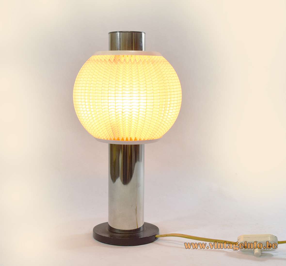 East German table lamp chrome tube flat black base folded fabric globe lampshade Rispal Hoyrup style VEB