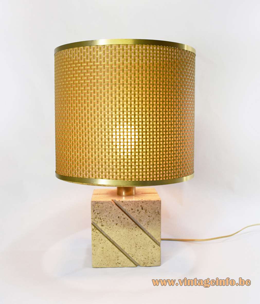 Fratelli Mannelli travertine table lamp rectangular limestone base cane reed wicker round lampshade E27 socket 1960s