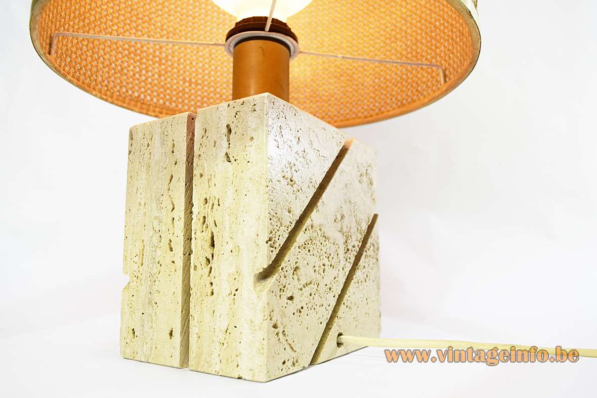 Fratelli Mannelli travertine table lamp rectangular limestone base cane reed wicker round lampshade E27 socket 1960s