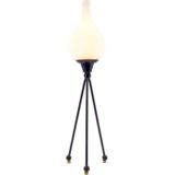 Fratelli Rumi tripod table lamp 3 black brass rods frosted opal glass onion lampshade 1950s 1960s