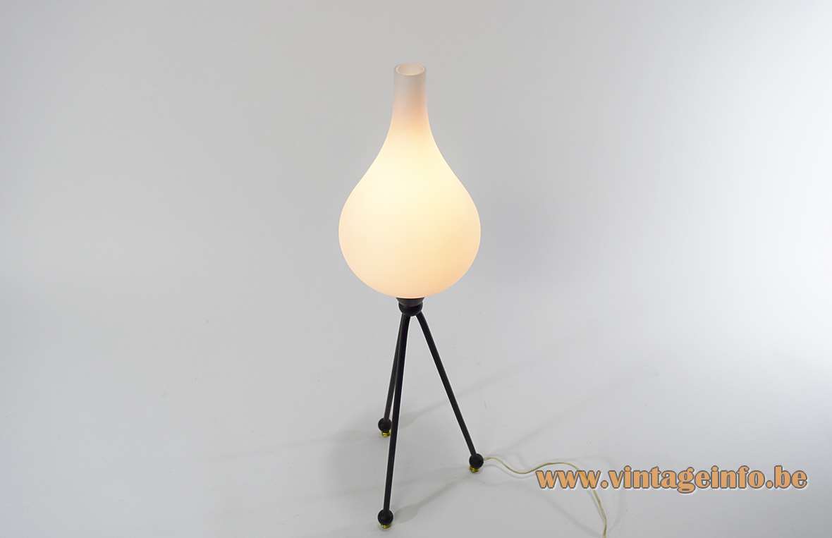 Fratelli Rumi tripod table lamp 3 black brass rods frosted opal glass onion lampshade 1950s 1960s