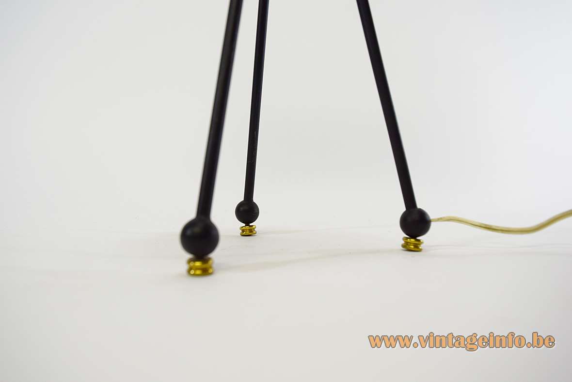 Fratelli Rumi tripod table lamp 3 black brass rods brass adjustement screws-feet 1950s 1960s