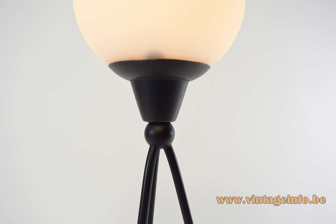 Fratelli Rumi tripod table lamp 3 black brass rods frosted opal glass onion lampshade 1950s 1960s