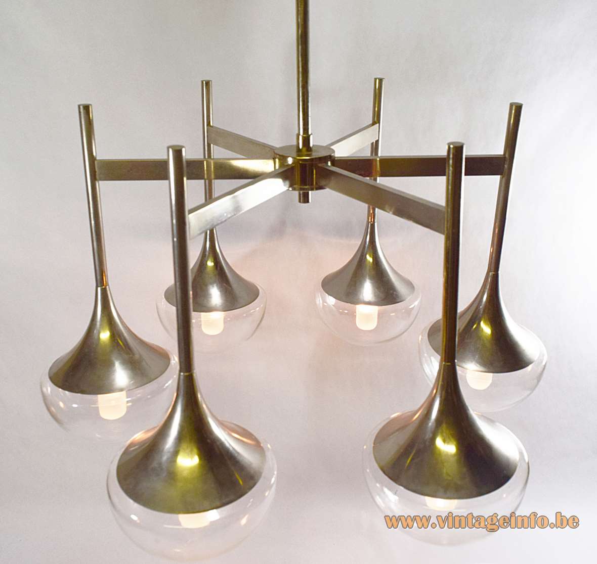 Gaetano Sciolari trumpet chandelier chrome rods & slats 6 half round glass globes Boulanger Belgium 1960s 1970s