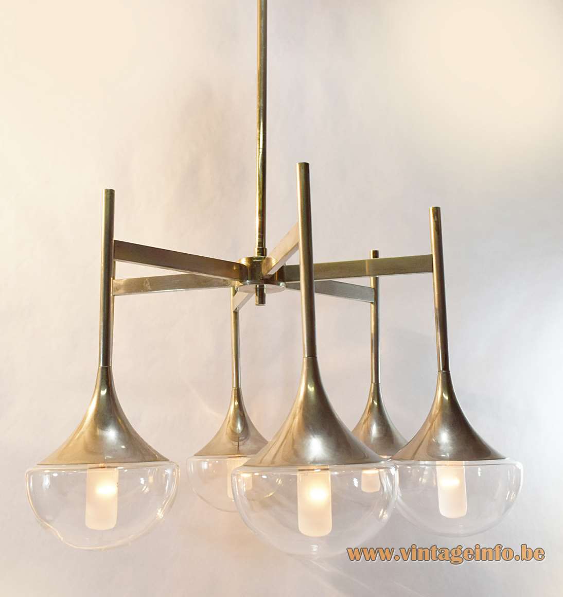 Gaetano Sciolari trumpet chandelier chrome rods & slats 6 half round glass globes Boulanger Belgium 1960s 1970s