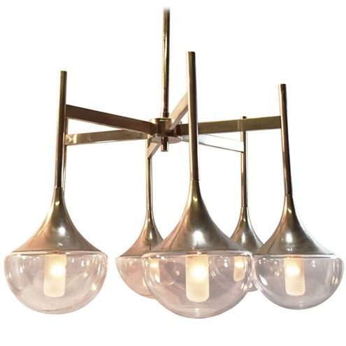 Gaetano Sciolari Chandelier 6 light bulbs chrome Boulanger 1960s 1970s glass trumpet hanging lamp
