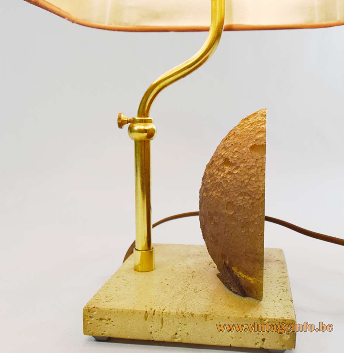 Pierre Faveere agate geode table lamp rectangular travertine base adjustable curved brass rod maroon lampshade 1970s