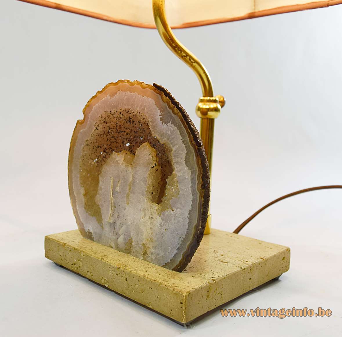 Pierre Faveere agate geode table lamp rectangular travertine base adjustable curved brass rod maroon lampshade 1970s