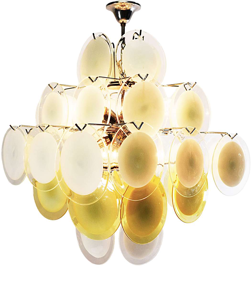 Gino Vistosi white & amber discs chandelier chrome wire frame 36 Murano glass dishes Mazzega 1960s 1970s