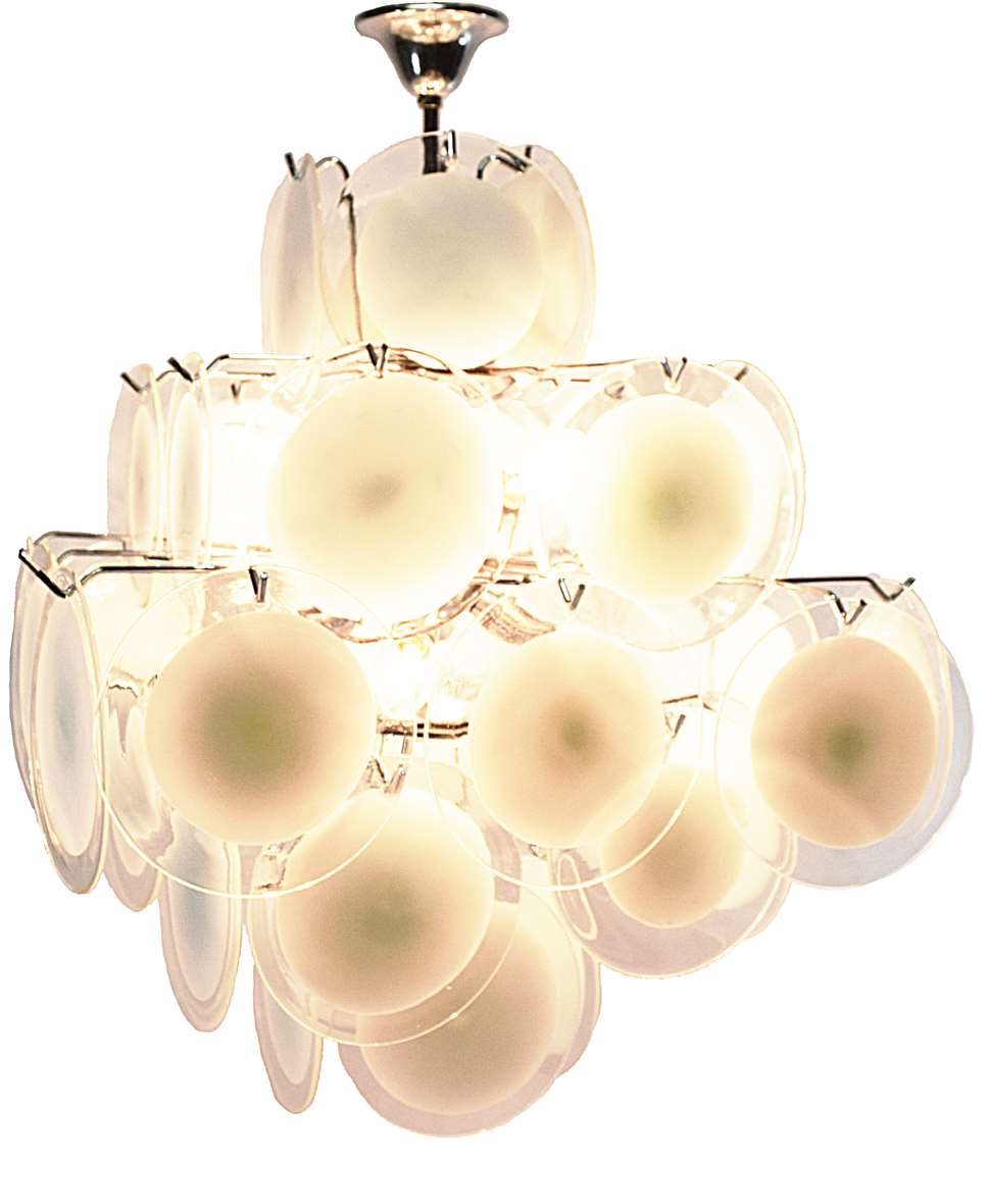 Gino Vistosi 36 white discs chandelier on a chrome frame by AV Mazzega Murano 1960s 1970s