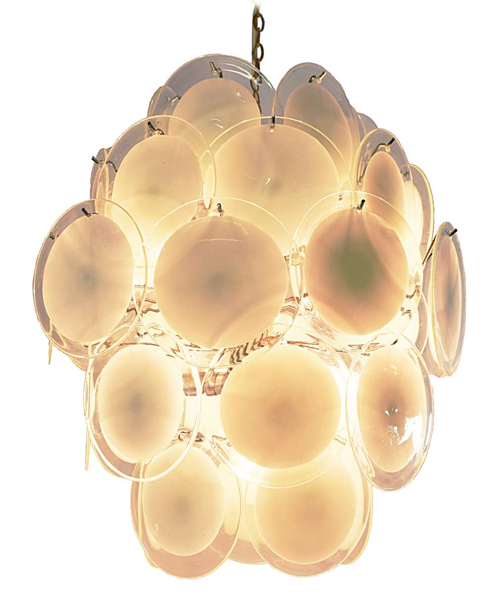 Gino Vistosi white discs chandelier chrome wire frame 36 Murano glass dishes Mazzega 1960s 1970s Italy