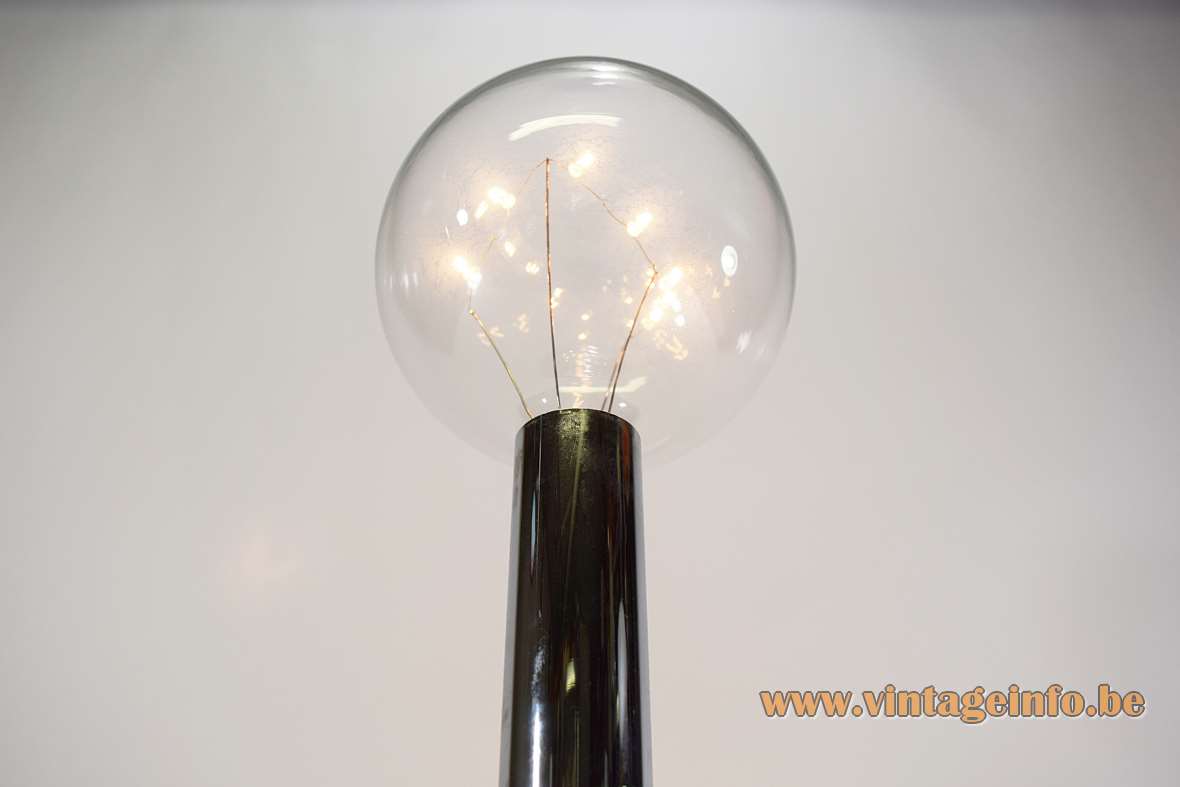 Globe filament table lamp chrome & black faux bamboo base tube glass sphere 1960s 1970s Massive Belgium