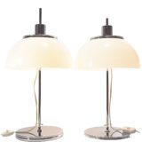 Harvey Guzzini Faro table lamps white acrylic mushroom lampshade chrome flat round base & rod 1970s Italy