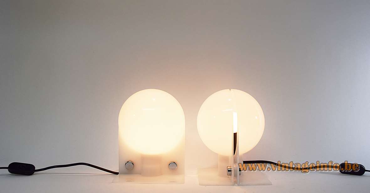 Harvey Guzzini Sirio table lamps 1970 design: Lampa & Brazzoli white acrylic globe 4 chrome nuts Italy