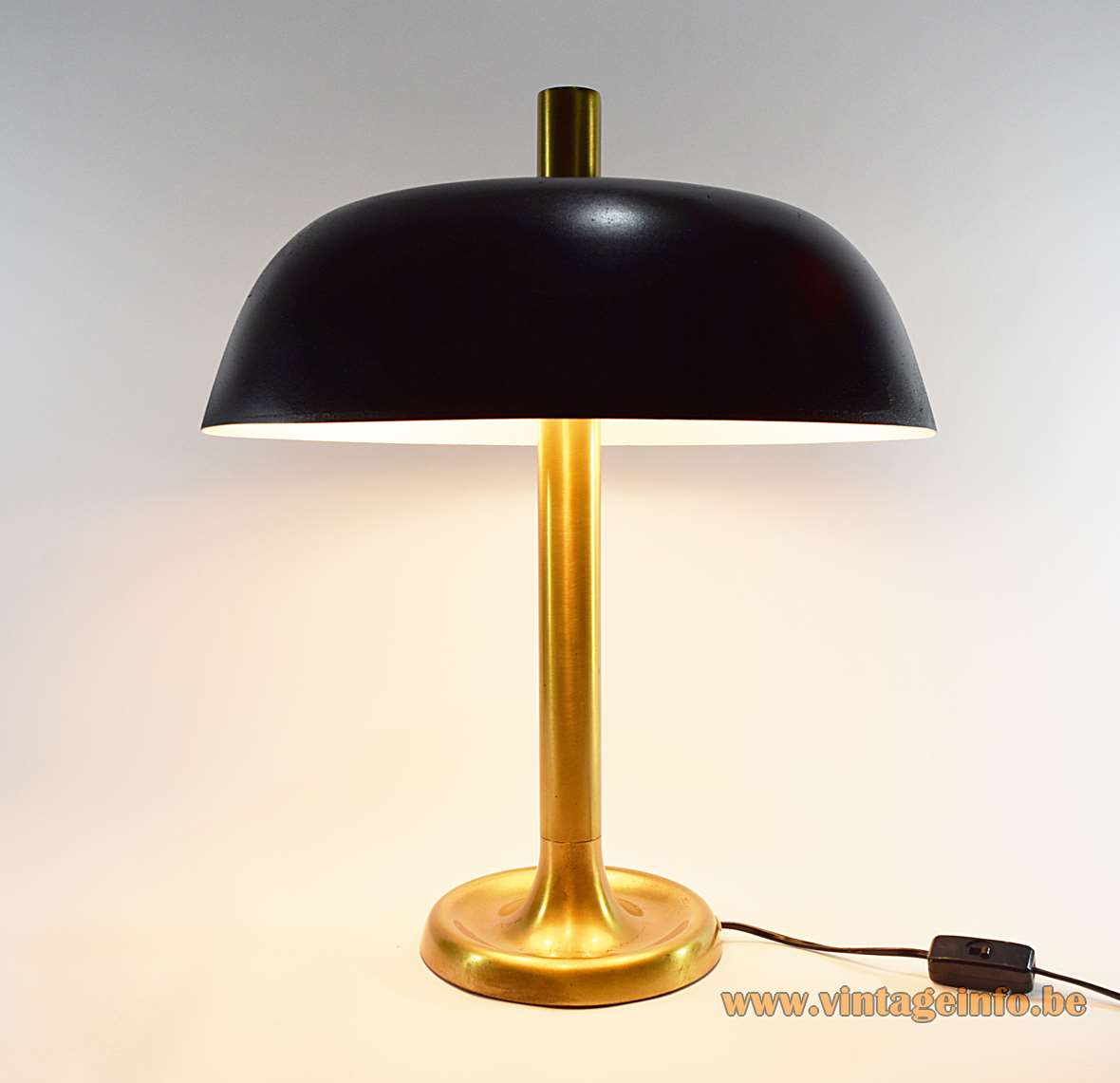 Hillebrand table lamp 7377 thick brass base & rod black aluminium mushroom lampshade Germany 1970s design