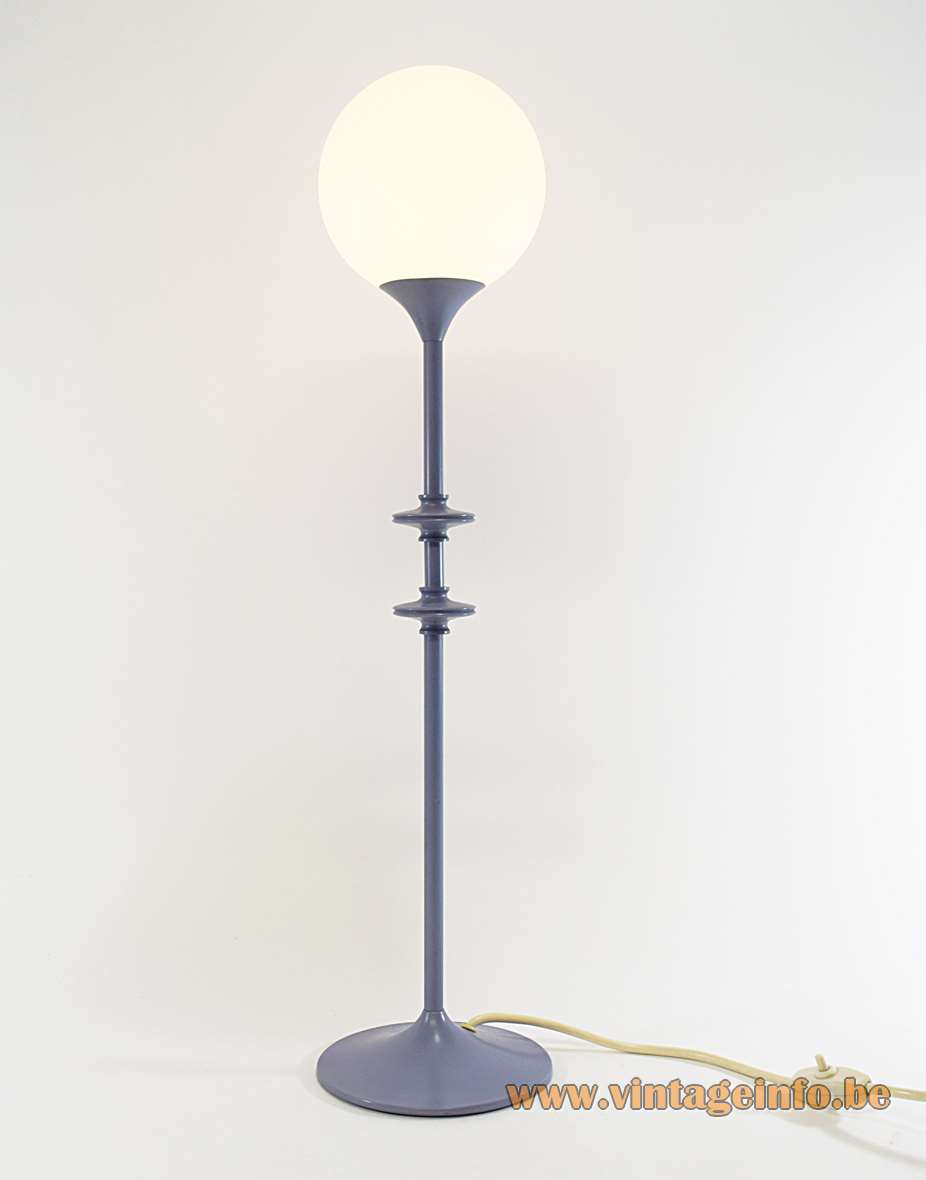 1960s indigo globe table lamp round base long purple rod opal glass lampshade Leclaire & Schäfer Germany