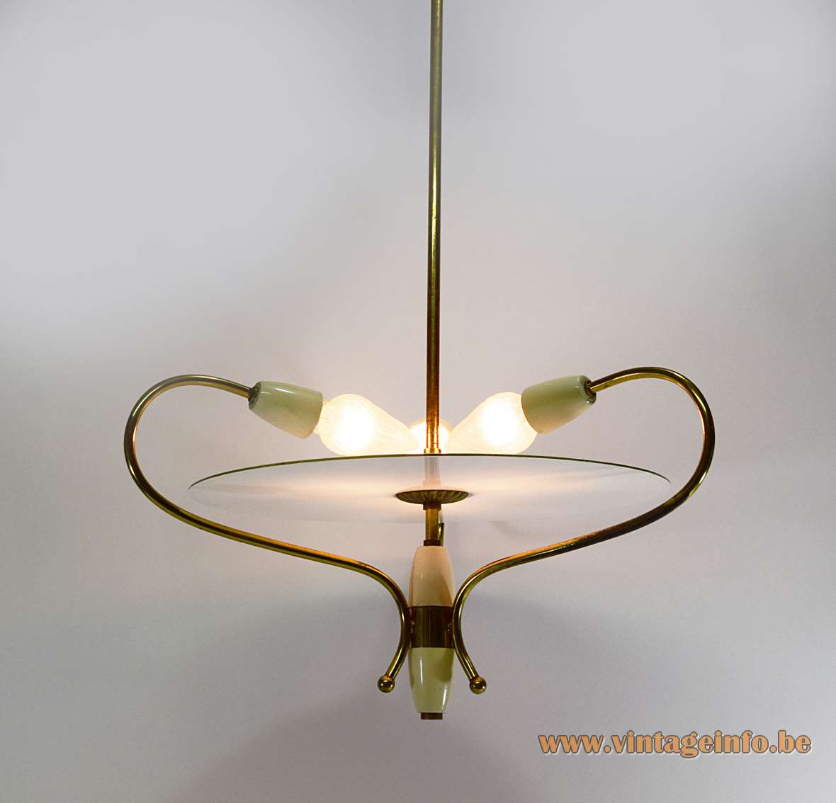 1950s Italian glass disc chandelier with a big frosted disc and brass curved rods 3 lights
