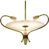 1950s Italian glass disc chandelier with a big frosted disc and brass curved rods 3 lights