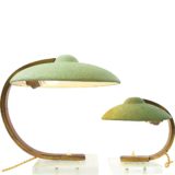 Italian art deco desk lamps with a glass base curved brass rod and mint green lampshade