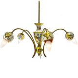 Italian gilded porcelain chandelier with hand painted leaves flowers 5 brass curved rods 1950s 1960s