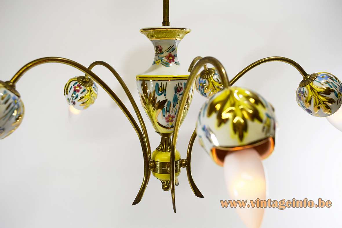 Italian gilded porcelain chandelier with hand painted leaves flowers 5 brass curved rods 1950s 1960s