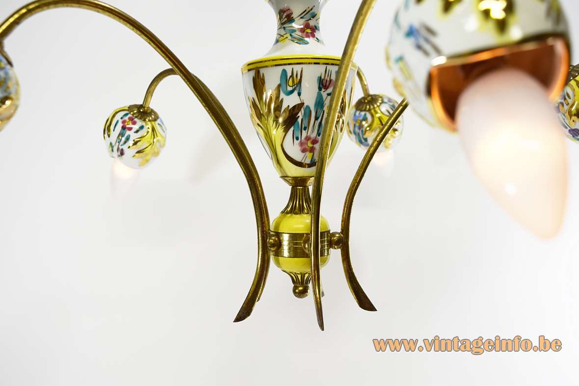 Italian gilded porcelain chandelier with hand painted leaves flowers 5 brass curved rods 1950s 1960s