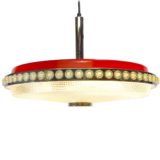 Liro UFO pendant lamp plastic stars red lampshade chrome ring acrylic diffuser Belgium 1960s 1970s