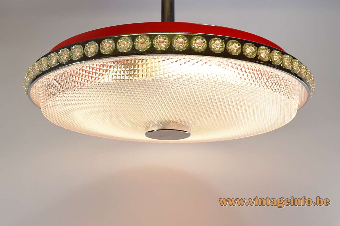 Liro UFO pendant lamp plastic stars red lampshade chrome ring acrylic diffuser Belgium 1960s 1970s