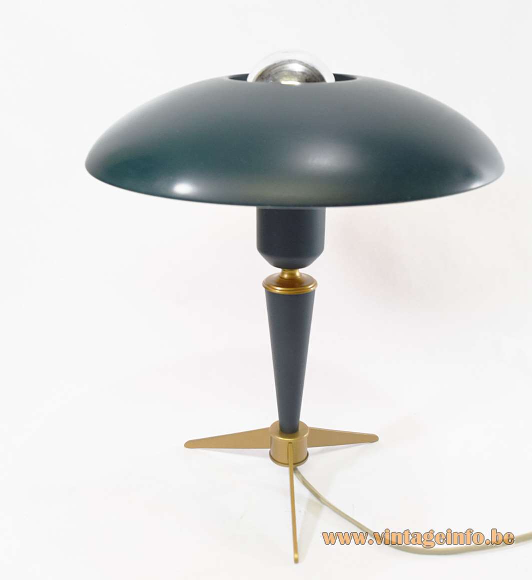 Louis Kalff Bijou desk lamp tripod brass base green mushroom lampshade 1960s 1970s Philips E27 socket 